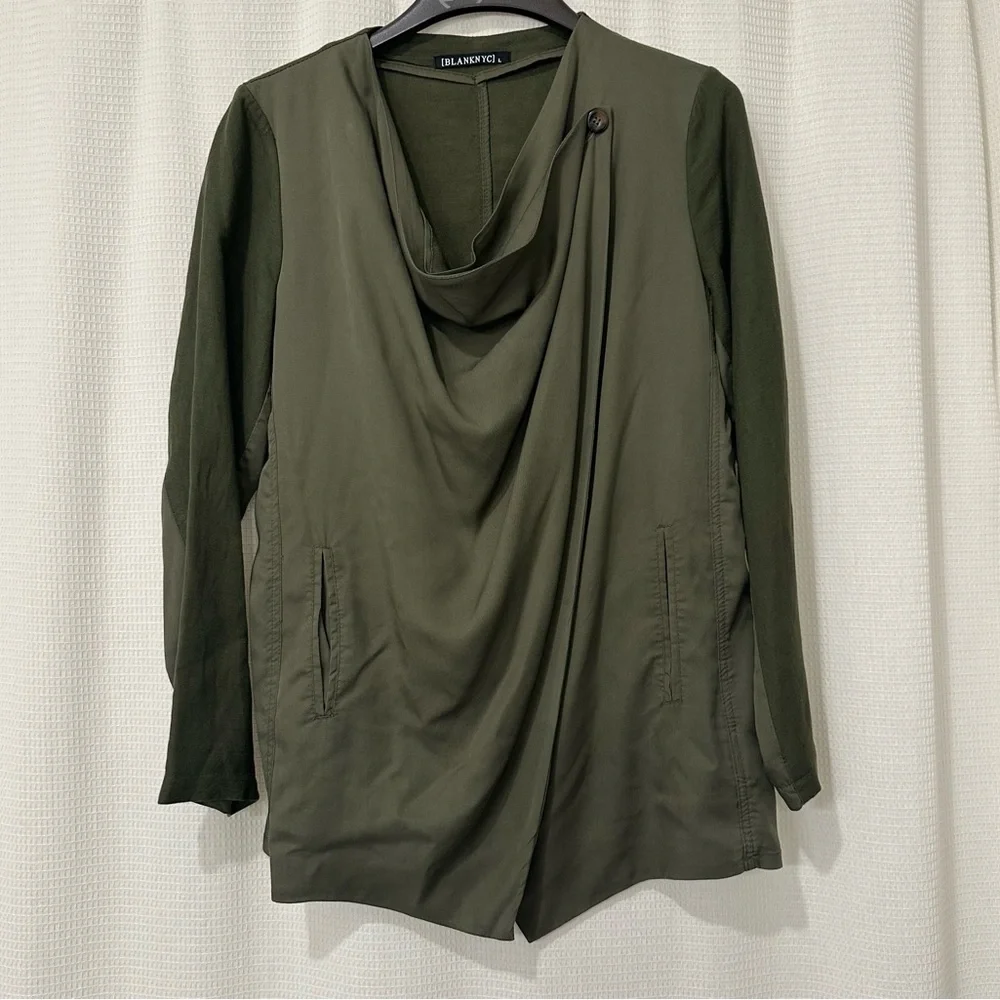 BLANKNYC Olive Green Draped Front Jacket L Waterfall‎ Asymmetrical Hem